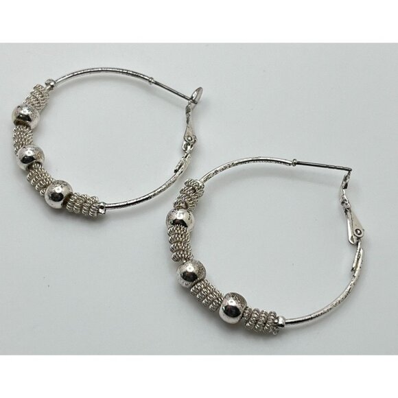Silver Tone Hoop Earrings with Beaded Spring Twist Detail - Picture 2 of 6